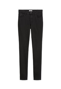 Czarne dżinsy o slim fit, z dwoma przednimi kieszeniami i jedną tylną kieszenią. Materiał ma gładką, lekko teksturowaną powierzchnię.