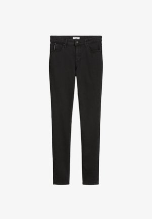 Schwarze Denim-Jeans mit schmaler Passform, ausgestattet mit zwei vorderen Taschen und einer hinteren Tasche. Der Stoff hat ein glattes, leicht strukturiertes Aussehen.