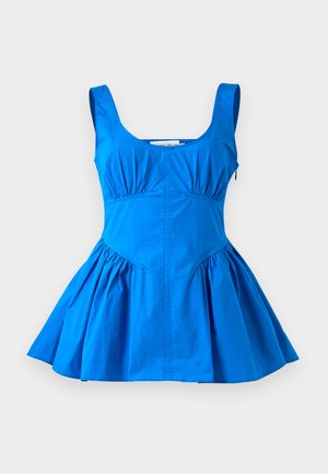 Blue cotton dress with a fitted bodice, wide straps, and gathered skirt, featuring a smooth texture and a zip closure on the side.