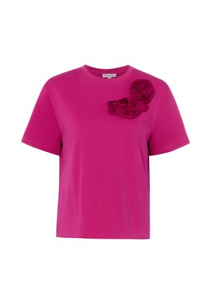Bright pink short-sleeve T-shirt with round neckline, featuring two fabric flower appliqués on the left chest.