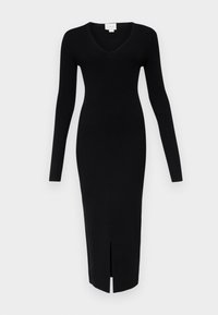 Svart ribbat stickat midi-klänning med lång ärm, V-ringning och framdel med slits, figursydd silhuett.