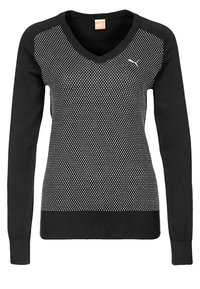 Svart långärmad tröja med V-ringning, med en texturerad design i ett nätmönster och en liten vit logotyp på bröstet.
