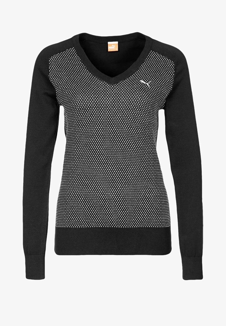 Un pull noir à manches longues avec un col en V, présentant un design texturé dans un motif en maille et un petit logo blanc sur la poitrine.