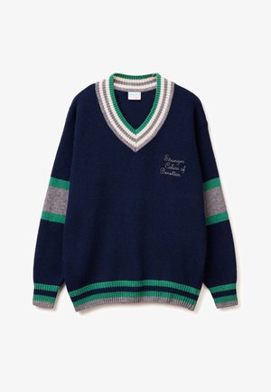 Suéter azul marino con escote en V y rayas verdes, grises y blancas en el cuello, las mangas y el dobladillo, con bordado que dice "Stranger Colors of Benetton".