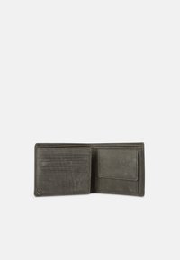Gray leather wallet, bifold design, featuring card slots and a single compartment for notes or small items. Soft texture with visible grain.