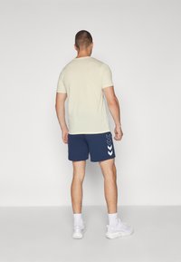 Ljusbeige t-shirt och navy shorts med vitt chevronmönster på sidan. Modellen har på sig vita träningsskor och ankelsockor.