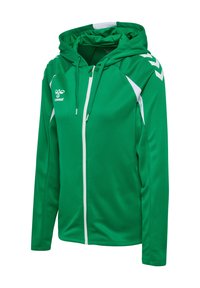 Sweat à capuche de sport vert à fermeture éclair, avec accents blancs, cordons de serrage, logo hummel sur la poitrine et motif en chevron sur les manches.