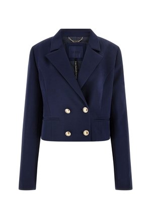 Blazer cropped blu navy con chiusura doppiopetto, due bottoni dorati e rever affilati. Presenta tasche laterali e una texture di tessuto liscia.