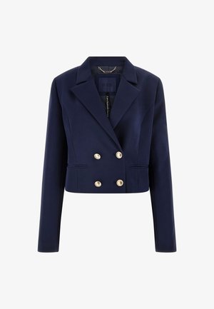 Marineblauwe cropped blazer met een dubbelgeknoopte voorkant, twee gouden knopen en scherpe klapmouwen. Bevat zijzakken en een gladde stofstructuur.