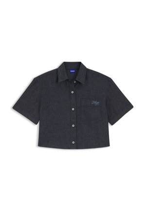 Donkergrijs kort mouwkort overhemd met knoopsluiting, puntkraag en borstzak met geborduurd "Hugo"-logo in blauwe letters.