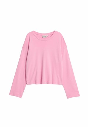 Lyserød cropped langærmet skjorte lavet af blødt stof, med en bred halsudskæring og sænkede skuldre for en afslappet pasform.