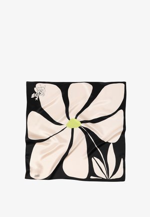 Seidenschal mit einer großen cremefarbenen Blume auf schwarzem Hintergrund. Grüne Details im Zentrum der Blume. Enthält eine kleine Biene-Grafik.