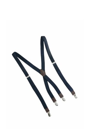 Bretelles bleu marine en tissu durable, avec des accents en cuir et des clips en métal argenté, conçues dans un style classique en Y.