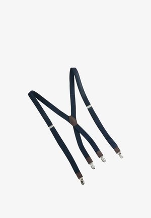 Bretelles bleu marine en tissu durable, avec des accents en cuir et des clips en métal argenté, conçues dans un style classique en Y.