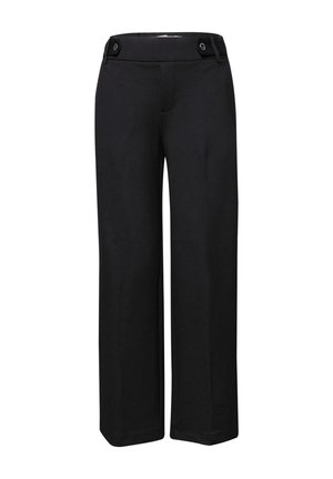 Pantalon noir à jambes larges avec pattes de ceinture boutonnées sur fond blanc, vue de face.