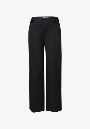 Sorte bukser med vide ben og knapdetaljer på linningen, set forfra mod en hvid baggrund.