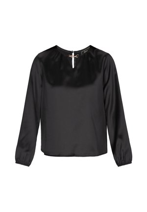 Zwarte satijnen blouse met lange mouwen, een ronde halslijn, een ritssluiting aan de achterkant en gather manchetten. Soepele textuur met een relaxte pasvorm.