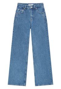 Jean bleu taille haute à jambe large avec fermeture à boutons et zip à l'avant, passants de ceinture, et poches avant et arrière.