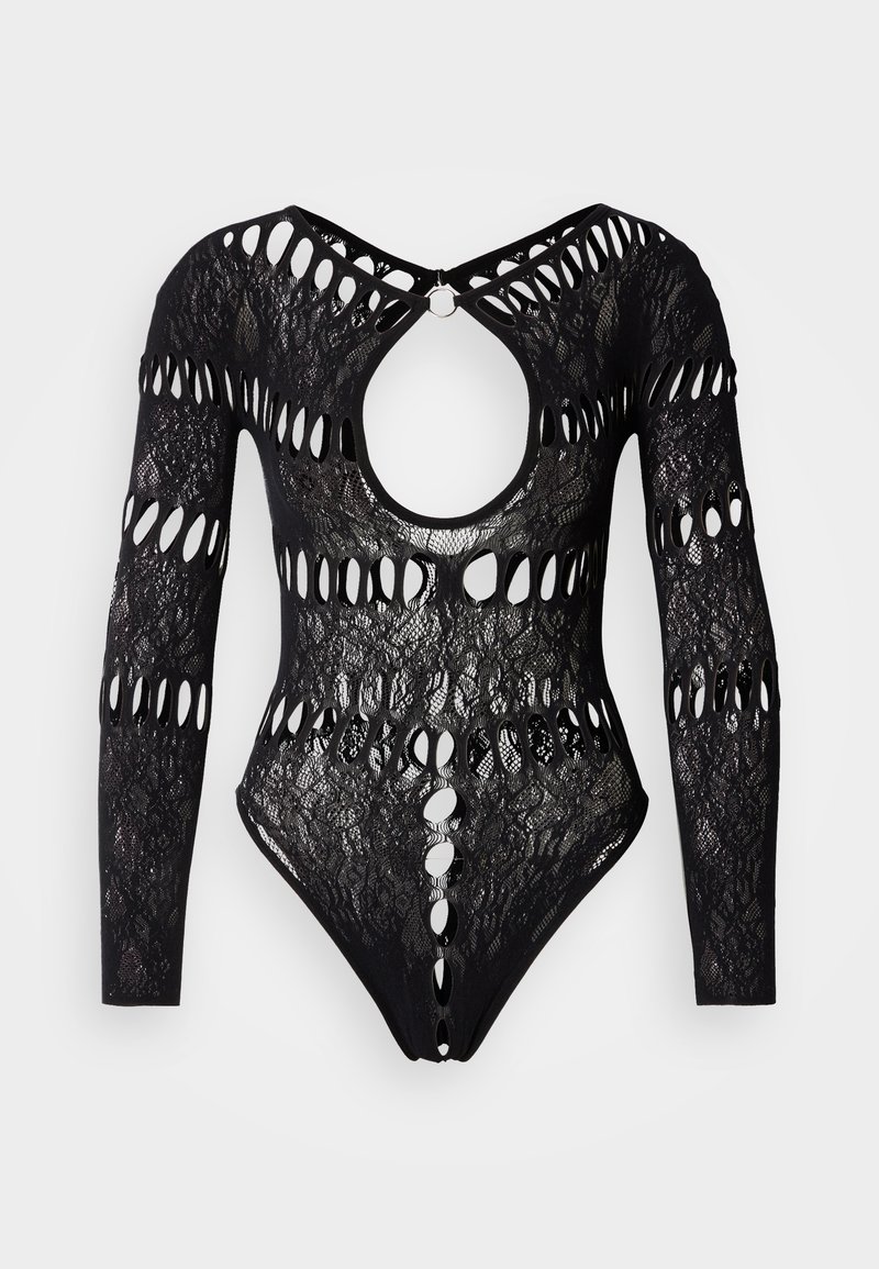 Μαύρο κορμάκι από δαντέλα με μακριά μανίκια, που διαθέτει κοψίματα, στρογγυλό άνοιγμα στο πίσω μέρος και κούμπωμα με κουμπί στη βάση.