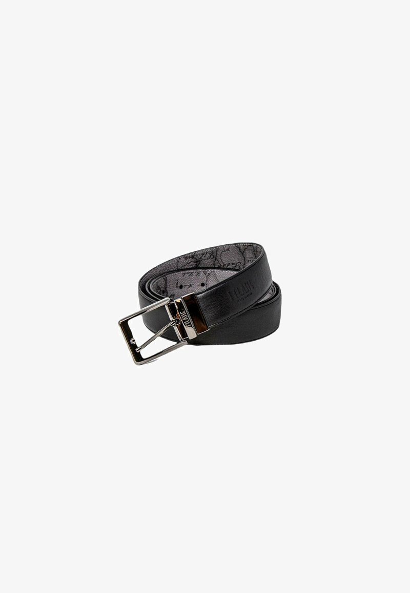 Cintura in pelle nera con fibbia in metallo silver, texture liscia e interno con motivo e dettagli in rilievo.