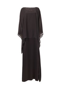 Dunkelbraunes Kleid aus leichtem Stoff, mit einem lockeren, fließenden Design, das einen mehrschichtigen Look hat und weite Ärmel aufweist. Keine sichtbaren Befestigungen.