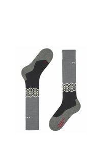 Grijze en zwarte sokken met een gestructureerde band. Gemaakt van textielmateriaal, met een soepele textuur en logo's in rood en wit.