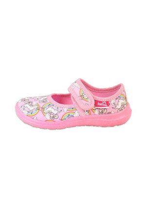 Pinkes Kinderschuh mit Einhorn- und Regenbogenmustern, mit Klettverschluss und weicher Sohle.