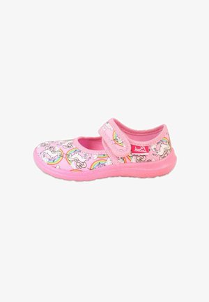 Chaussure enfant rose avec motifs licorne et arc-en-ciel, avec une bride Velcro et une semelle souple.