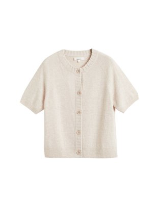 Beige kort mouwen cardigan van lichtgewicht stof, met een ronde halslijn, geribde manchetten en een voor sluiting met knopen en een gestructureerde strook.