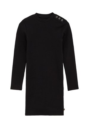 Vestido negro de punto acanalado de manga larga con cuello redondo y tres botones metálicos en el hombro izquierdo.