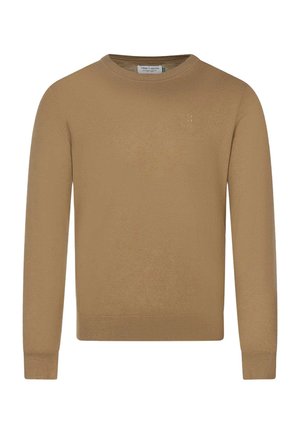 Pull à manches longues col rond couleur camel, avec poignets et bas côtelés, orné d'un petit logo discret sur le haut gauche de la poitrine.