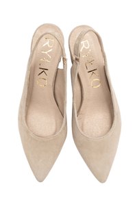 Beige suede slingback shoes with a pointed toe and a single strap at the heel. Gold RYLKO branding on the insole. Smooth texture.