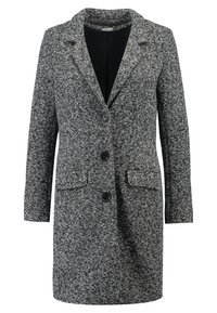 Cappotto maculato grigio e nero, design su misura, revers standard, tre bottoni, due tasche frontali e fodera interna liscia.