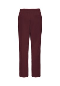 Pantalones burdeos con una textura suave, cinturilla elástica, corte de pierna recta y dos bolsillos traseros. Diseño minimalista, sin herrajes visibles.