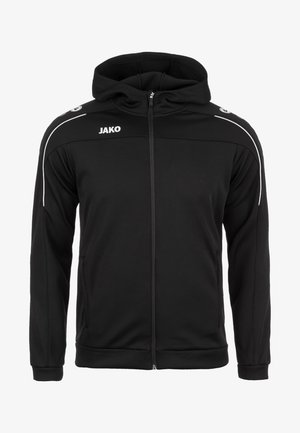 Černá mikina na zip z hladké látky, s kapucí, bílými akcenty na ramenou a logem na levé straně.