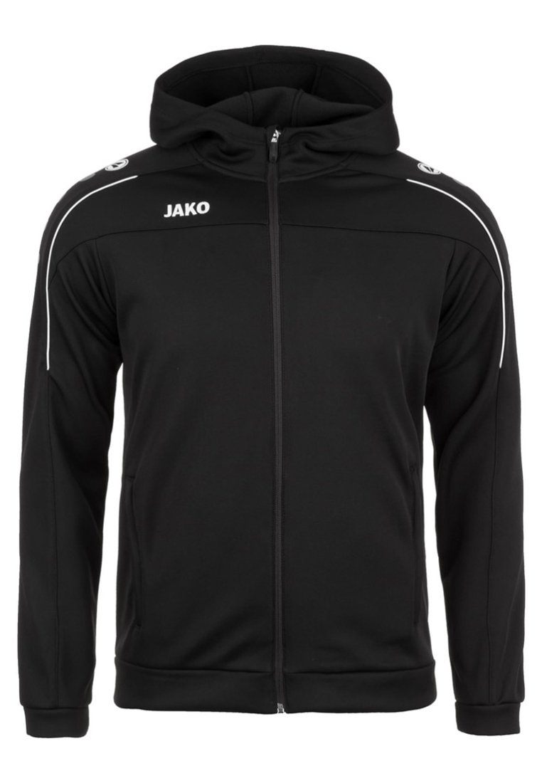 Felpa nera con zip in tessuto liscio, con cappuccio, dettagli bianchi sulle spalle e logo sul lato sinistro.