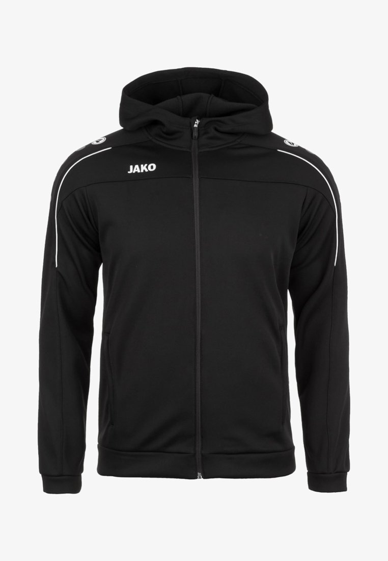 Felpa nera con zip in tessuto liscio, con cappuccio, dettagli bianchi sulle spalle e logo sul lato sinistro.