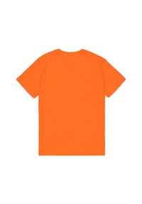 Kurzärmliges T-Shirt mit Rundhalsausschnitt aus leuchtend orangefarbenem Baumwollstoff. Glatte Textur, einfaches Design, einfarbig ohne Muster oder Verzierungen.