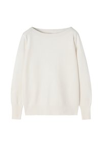 Biały sweter z dzianiny o szerokim dekolcie, długich rękawach i ściągaczach. Miękka faktura, luźny krój i minimalistyczny design bez wzorów.
