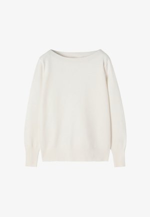 Witte gebreide trui met een wijde halslijn, lange mouwen en geribbelde manchetten. Zachte textuur, ontspannen pasvorm en een minimaal ontwerp zonder patronen.