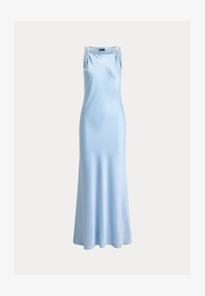 Light blue sleeveless maxi dress in a smooth fabric, featuring gathered details at the shoulders and a flowing, A-line silhouette.