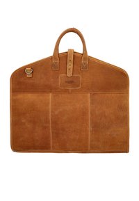 Ruskea nahkainen asiakirjakassi, jolla on jämäkkä muoto, kaksinkertaiset kahvat ja etutasku. Koristeena ompeleet ja logopatch.