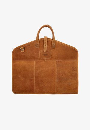 Brun læder arbejdstaske med en struktureret form, der har to håndtag, en spænde og syede detaljer. Indeholder tre forlommer.