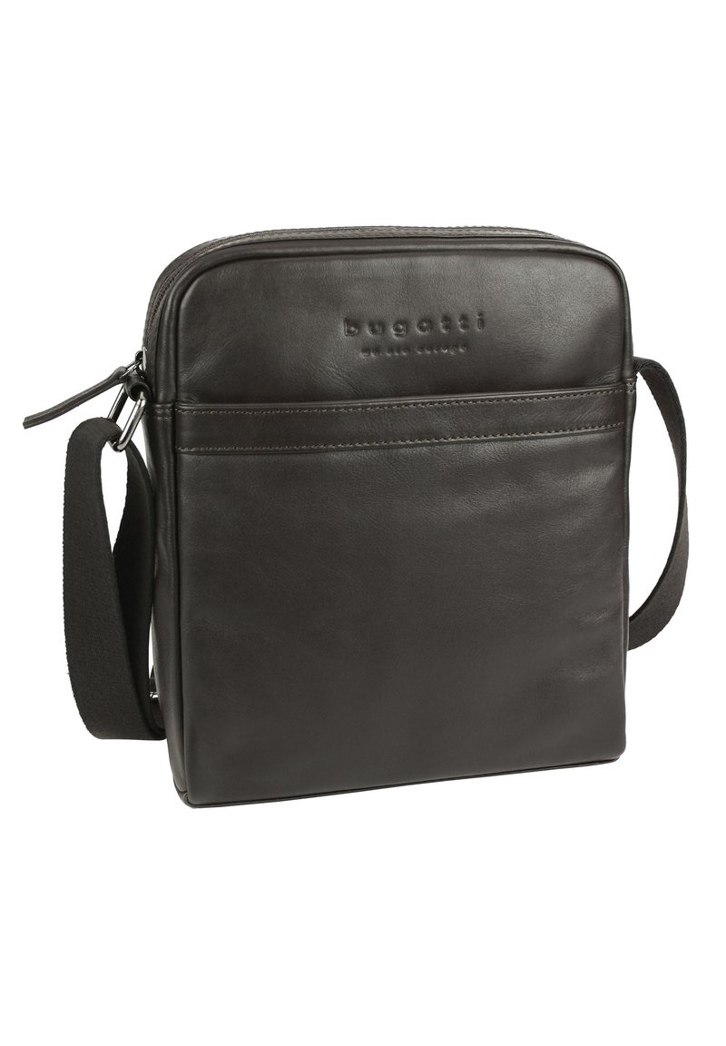 Sac à épaule en cuir marron foncé, de forme rectangulaire, avec une poche avant et un compartiment principal zippé. Bretelle ajustable incluse.