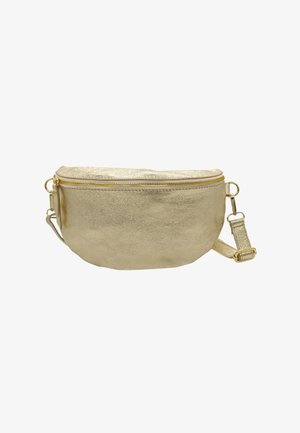 Sac en cuir métallisé doré avec une forme arrondie, fermeture éclair et bandoulière ajustable. Présente une texture lisse et des accents matériels minimalistes.
