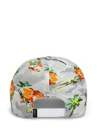 Cappello grigio con un motivo floreale che presenta fiori arancioni e foglie verdi. Cinturino regolabile in plastica e etichetta nera con la scritta "THE FARM."