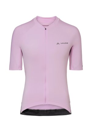 Hellviolettes kurzärmeliges Radsporttrikot mit durchgehendem Frontreißverschluss und schwarzem VAUDE-Logo auf der Brust, dargestellt vor weißem Hintergrund.