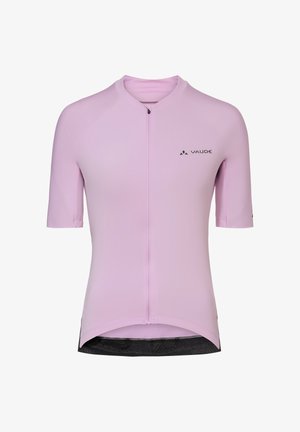 Hellviolettes kurzärmeliges Radsporttrikot mit durchgehendem Frontreißverschluss und schwarzem VAUDE-Logo auf der Brust, dargestellt vor weißem Hintergrund.