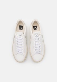Hvite sneakers med en glatt tekstur, med enkel snøring, grå sideakenter og en logo på tungen. Gummisåler.