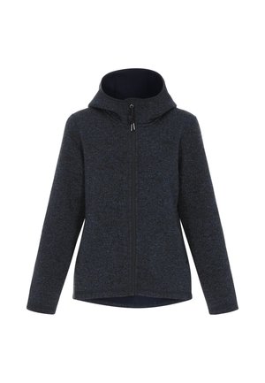 Donkerblauwe ritsjack met een gestructureerde stof, uitgerust met een capuchon en lange mouwen. Voorzien van een ritssluiting aan de voorkant en een iets langere achterkant.